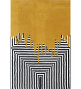 Mustard yellow and black hand-tufted wool area rug with geometric drip art design.